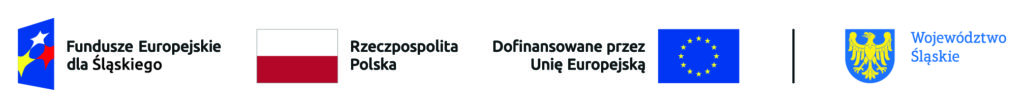 Zestawienie znaków: Fundusze Europejskie, Barwy Rzeczypospolitej Polskiej, Unia Europejska i Herb Województwa Śląskiego